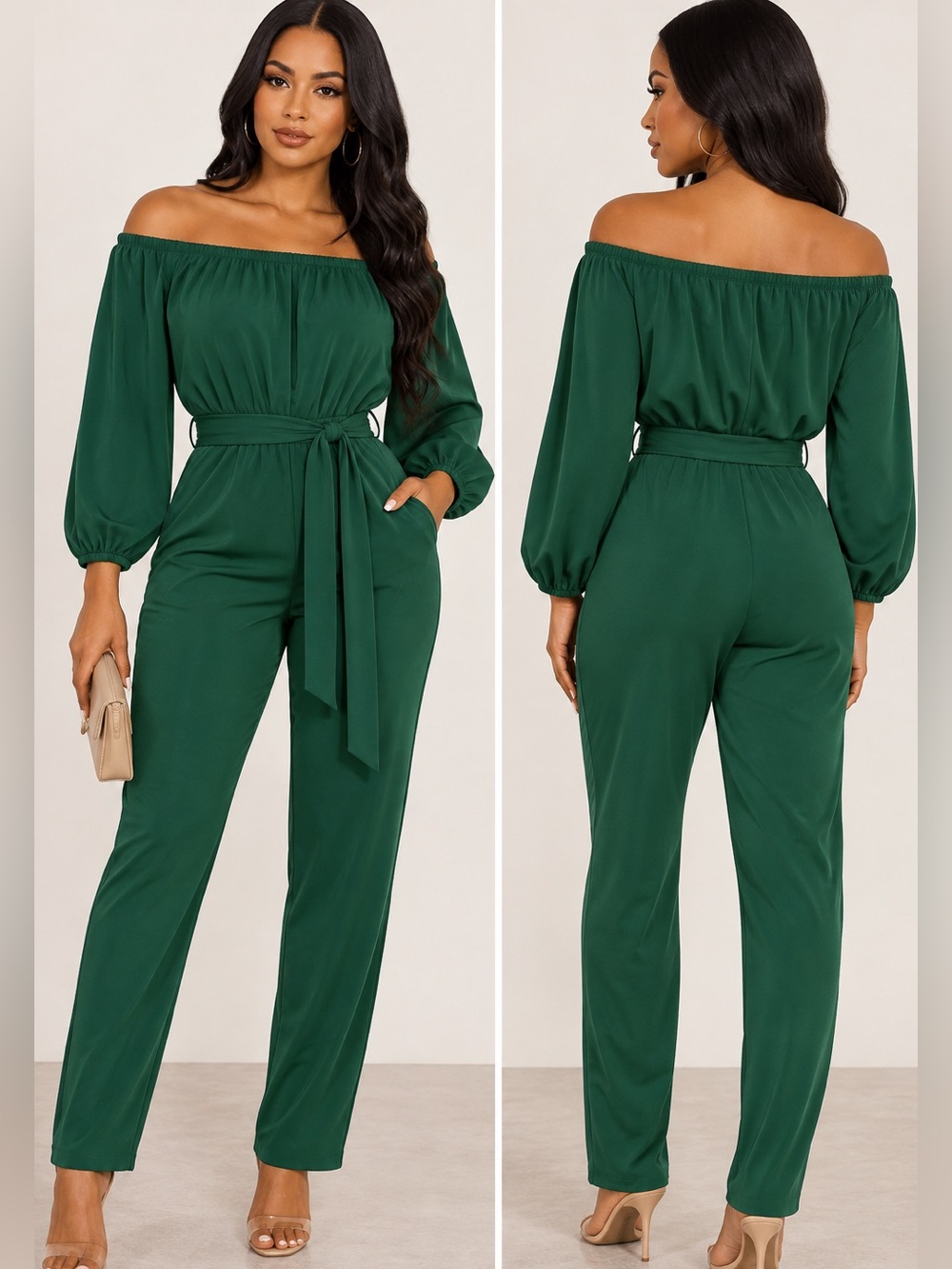Off-the-Shoulder Emerald Green Tie-Waist Jumpsuit